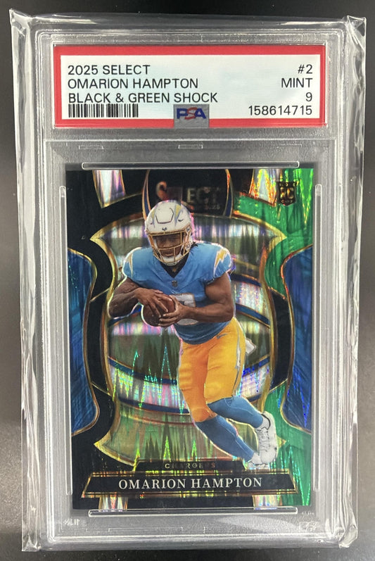 2025 Panini Select Omarion Hampton Concourse Black & Green Prizm Shock RC PSA 9 — front