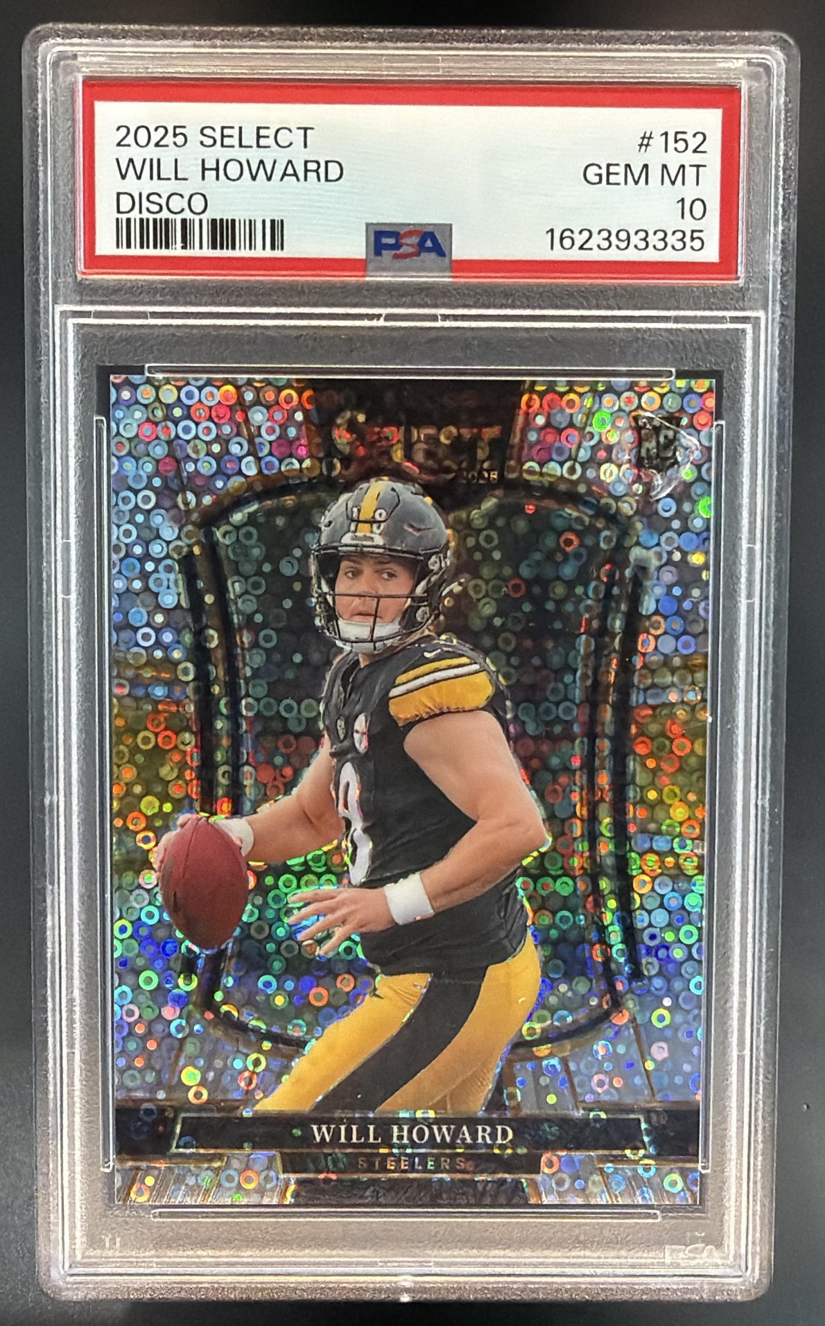 2025 Panini Select Will Howard #152 Premier Level Disco Prizm RC Steelers PSA 10 — front