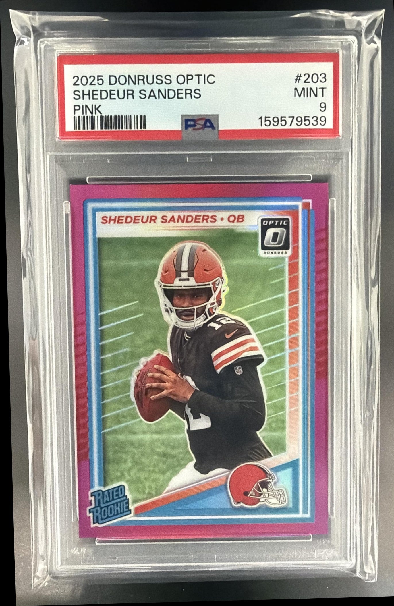 2025 Panini Donruss Optic Shedeur Sanders #203 Rated Rookie Pink Prizm PSA 9 — front