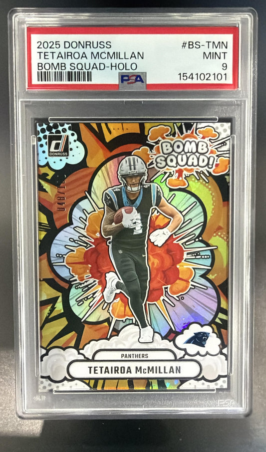 2025 Panini Donruss Tetairoa McMillan #BS-TMN Bomb Squad Holo /100 RC PSA 9 — front