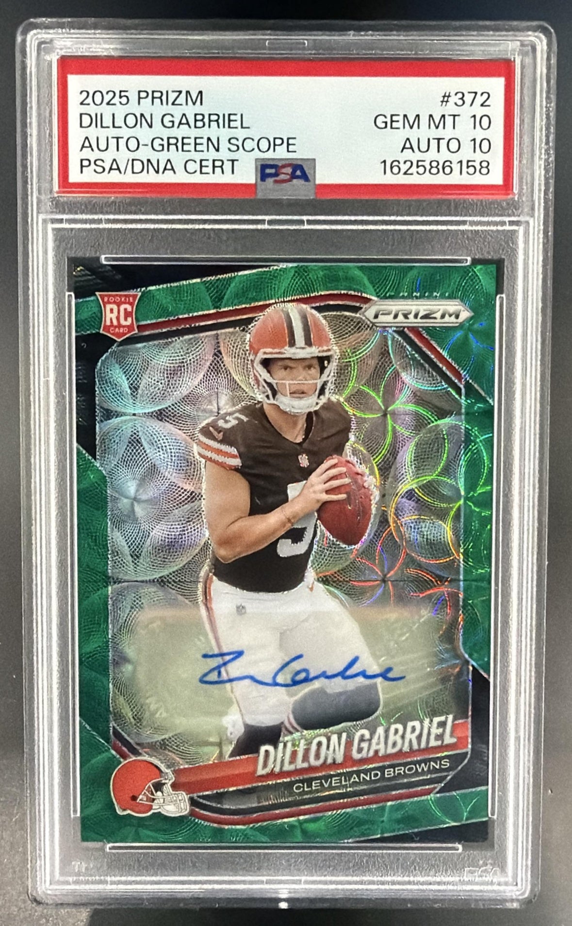 2025 Panini Prizm Dillon Gabriel #372 Rookie Auto Green Scope /75 RC PSA 10 — front
