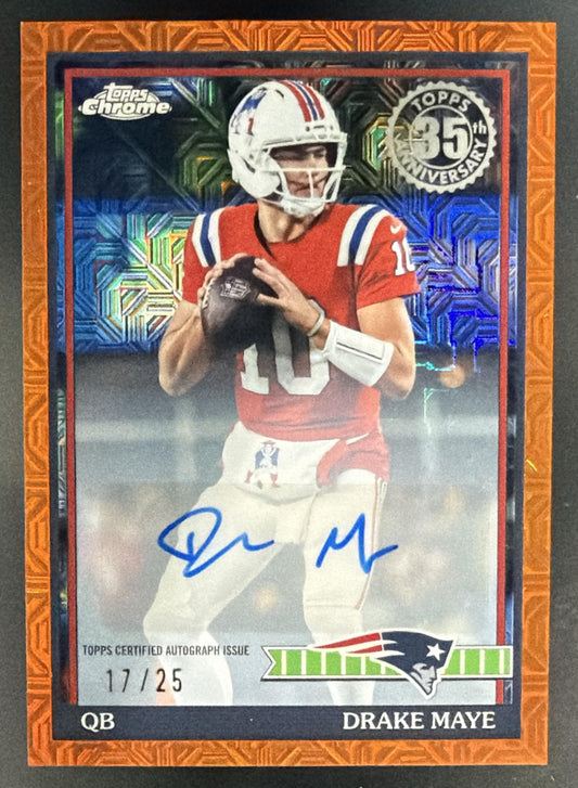 2026 Topps Drake Maye 1991 Chrome Silver Pack Auto Orange Mojo Refractor /25 — front