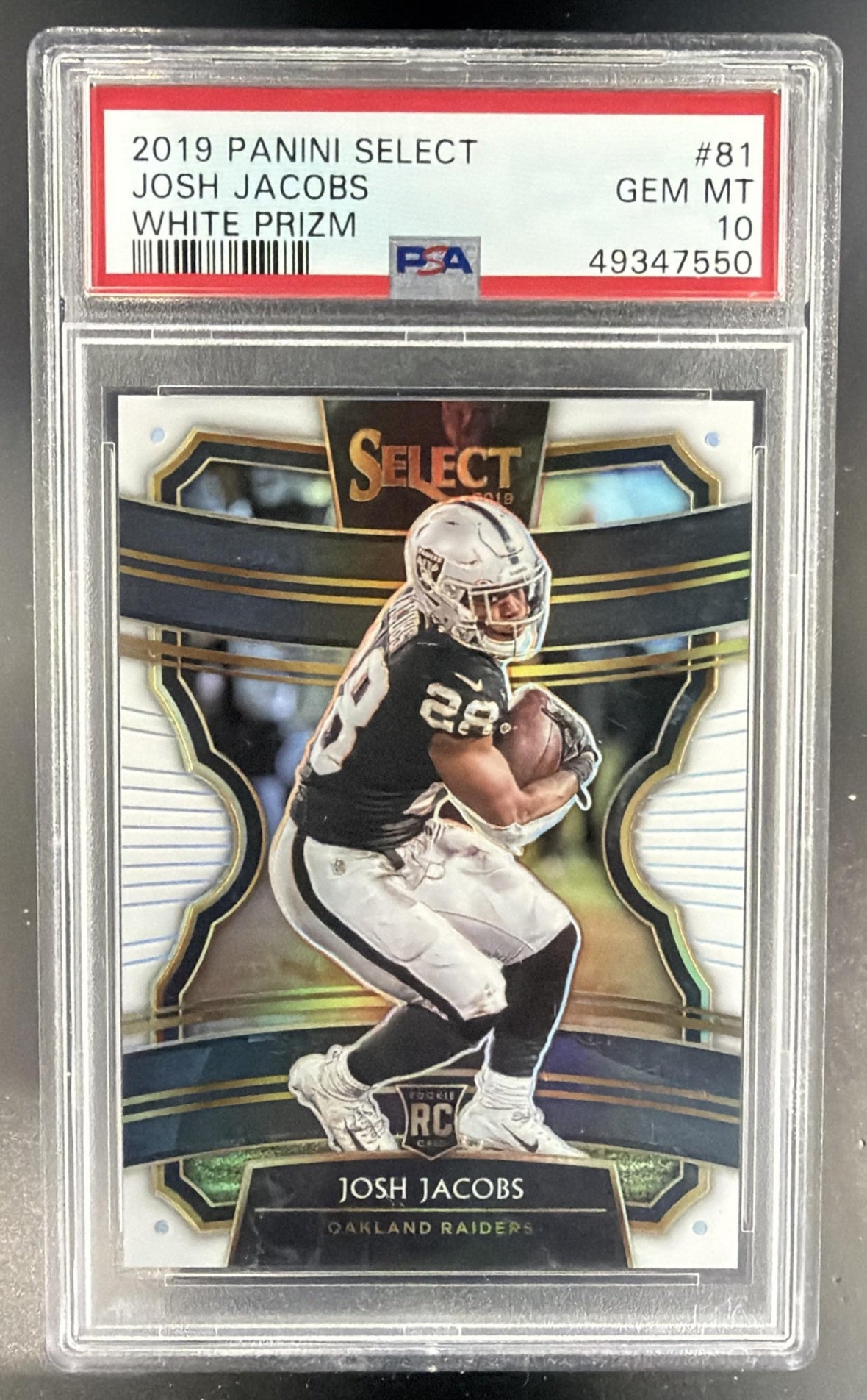 2019 Panini Select Josh Jacobs #81 White Prizm 30/35 RC Concourse Raiders PSA 10 — front