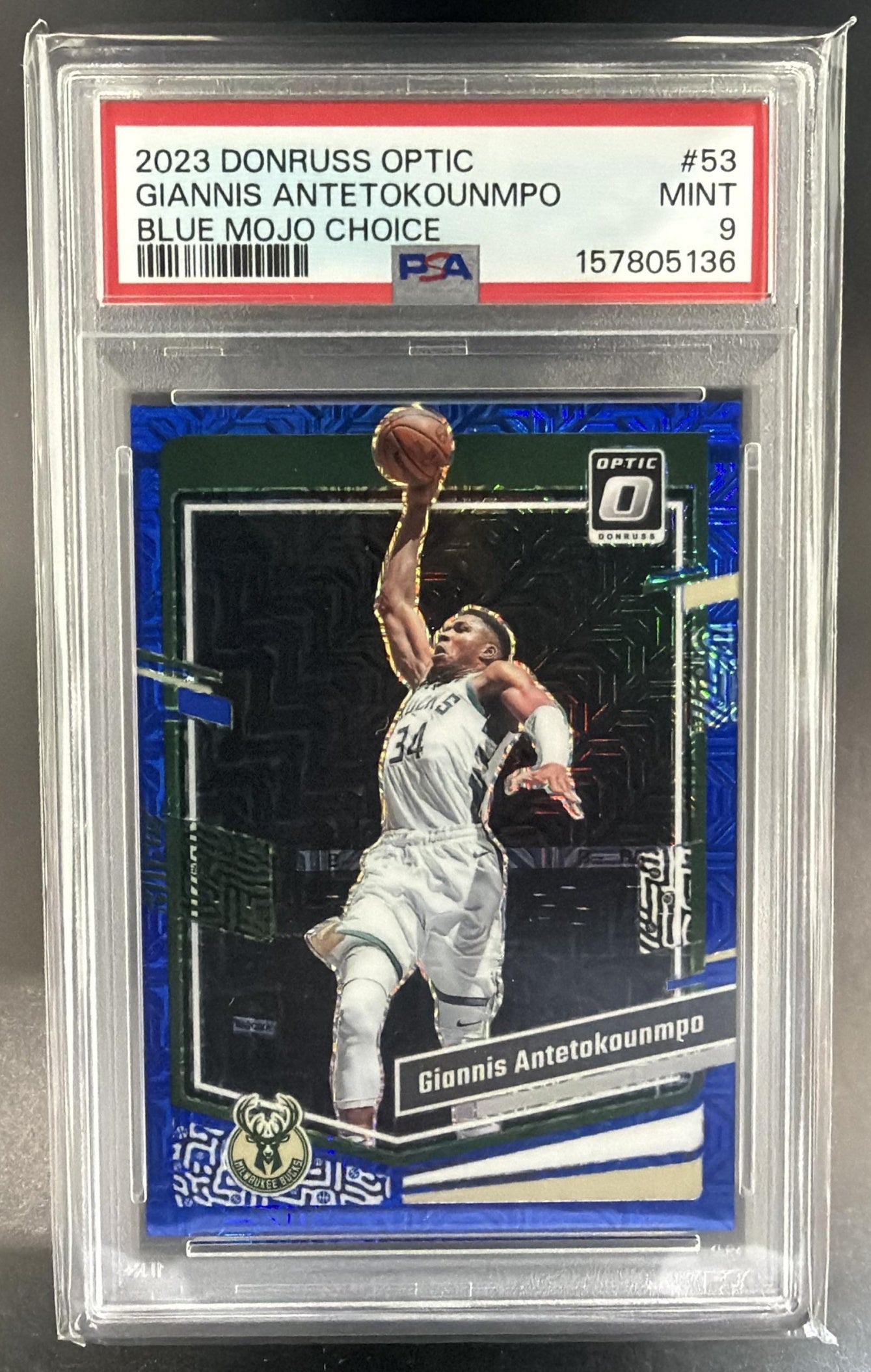 2023 Panini Donruss Optic Giannis Antetokounmpo Choice Blue Mojo Prizm /24 PSA 9 — front