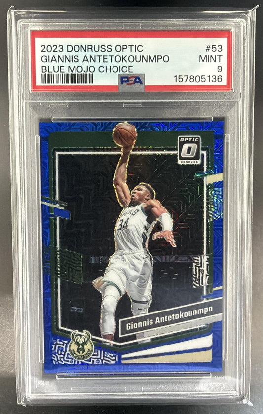 2023 Panini Donruss Optic Giannis Antetokounmpo Choice Blue Mojo Prizm /24 PSA 9 — front