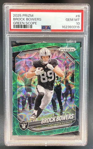 2025 Panini Prizm Brock Bowers #6 Green Scope 15/75 Raiders PSA 10
