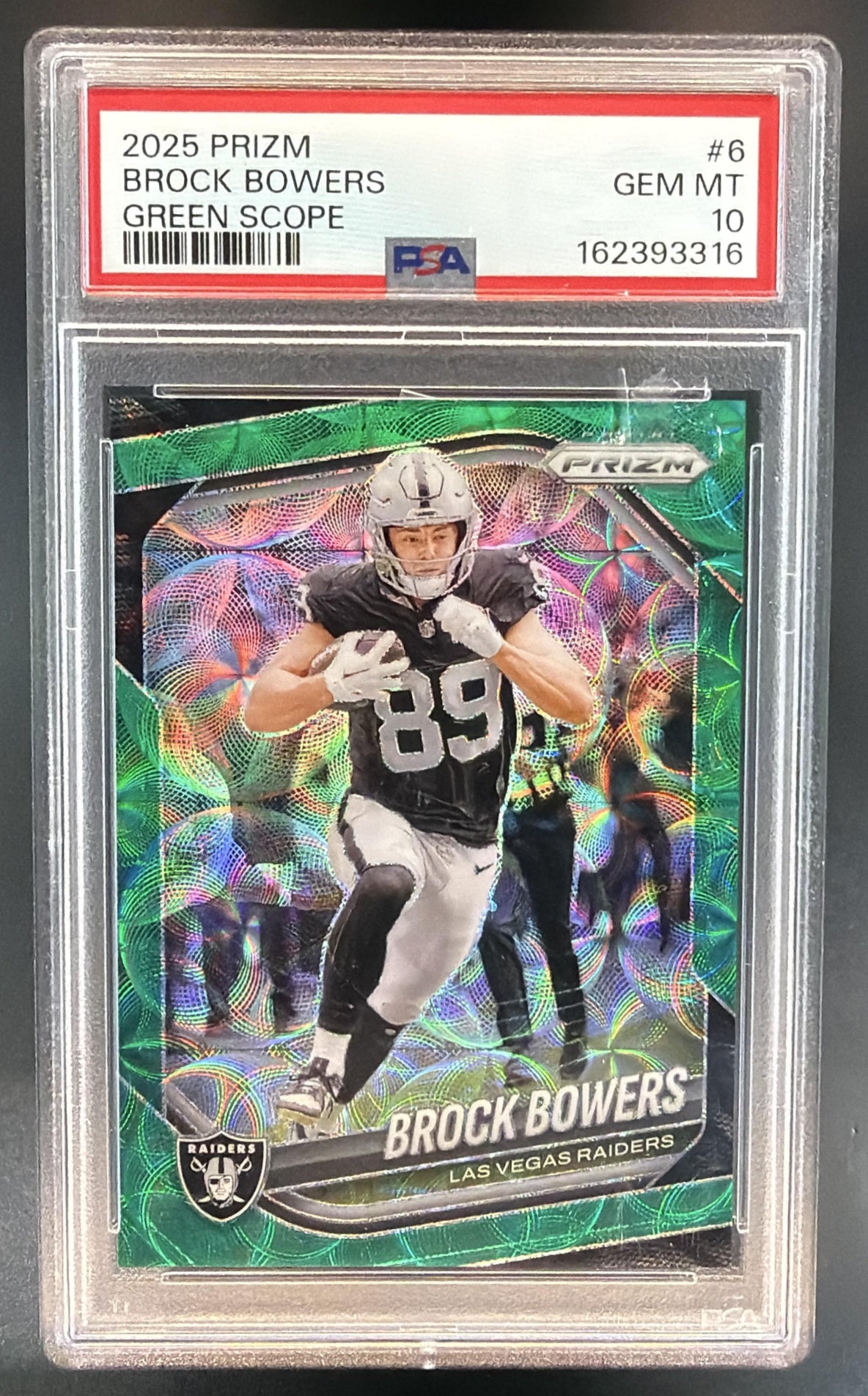 2025 Panini Prizm Brock Bowers #6 Green Scope 15/75 Raiders PSA 10 — front