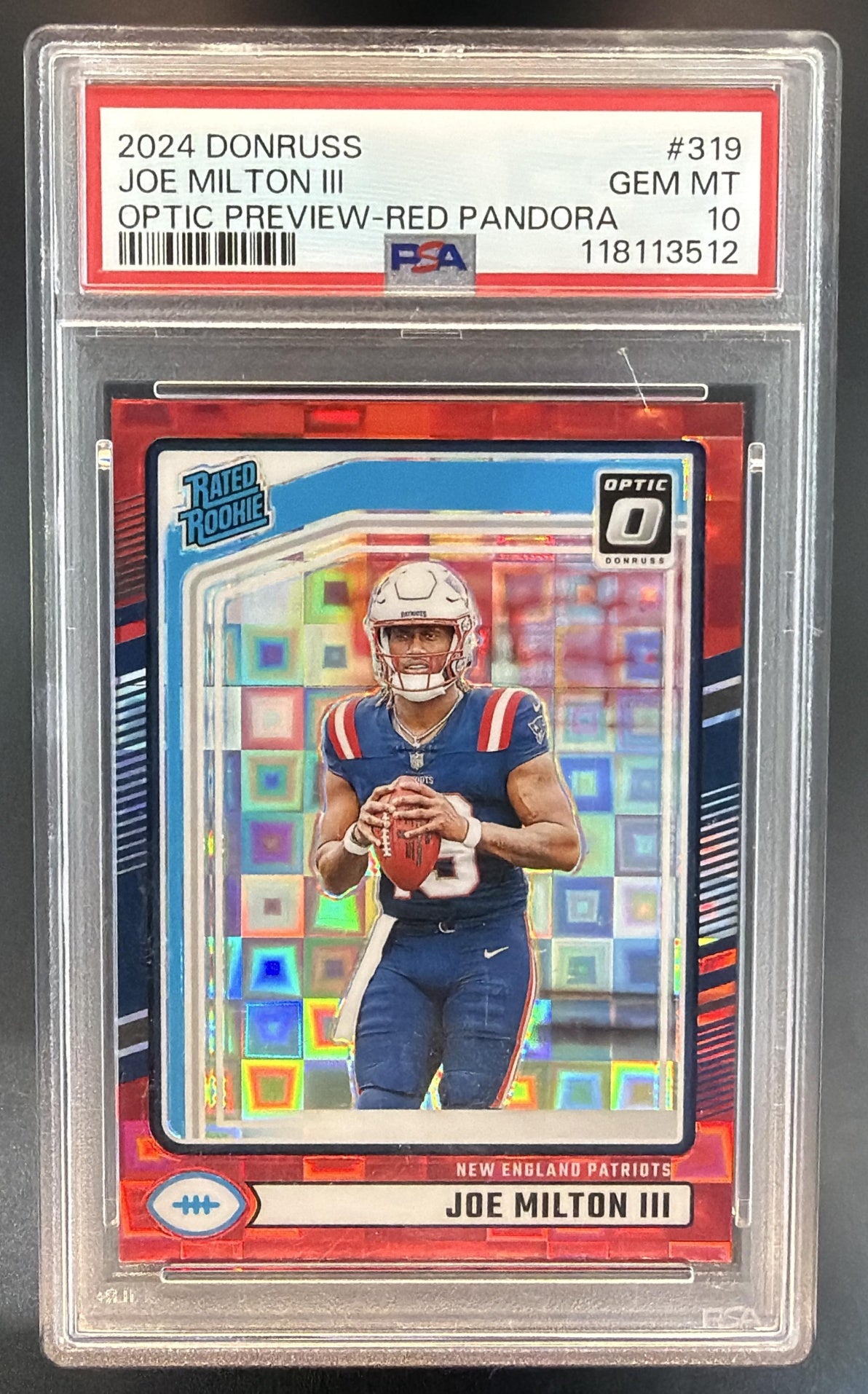 2024 Panini Donruss Joe Milton III Optic Rated Rookie Preview Red Pandora PSA 10 — front