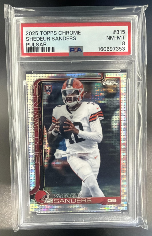 2025 Topps Chrome Shedeur Sanders #315 Rookie Pulsar Refractor RC Browns PSA 8 — front