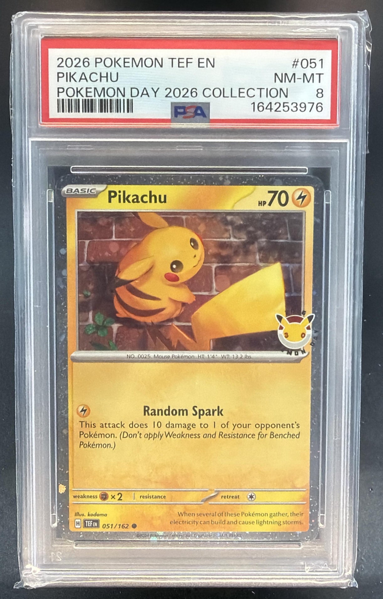 2026 Pokemon Day Pikachu #051/162 Cosmos Holo PSA 8 — front