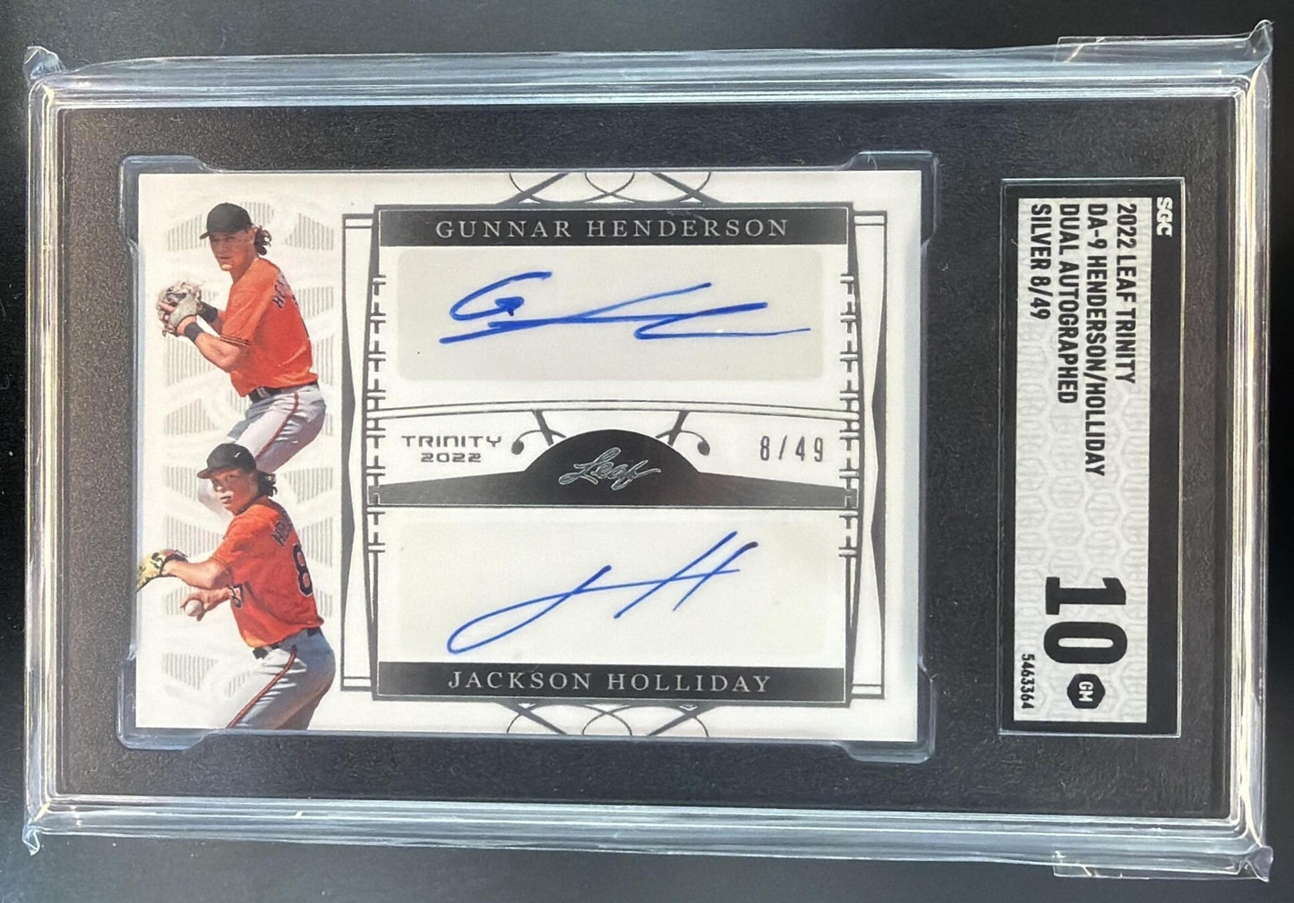 2022 Leaf Trinity Gunnar Henderson Jackson Holliday Dual Auto Foil Silver /49 — front