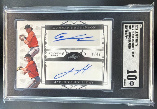 2022 Leaf Trinity Gunnar Henderson Jackson Holliday Dual Auto Foil Silver /49 — front