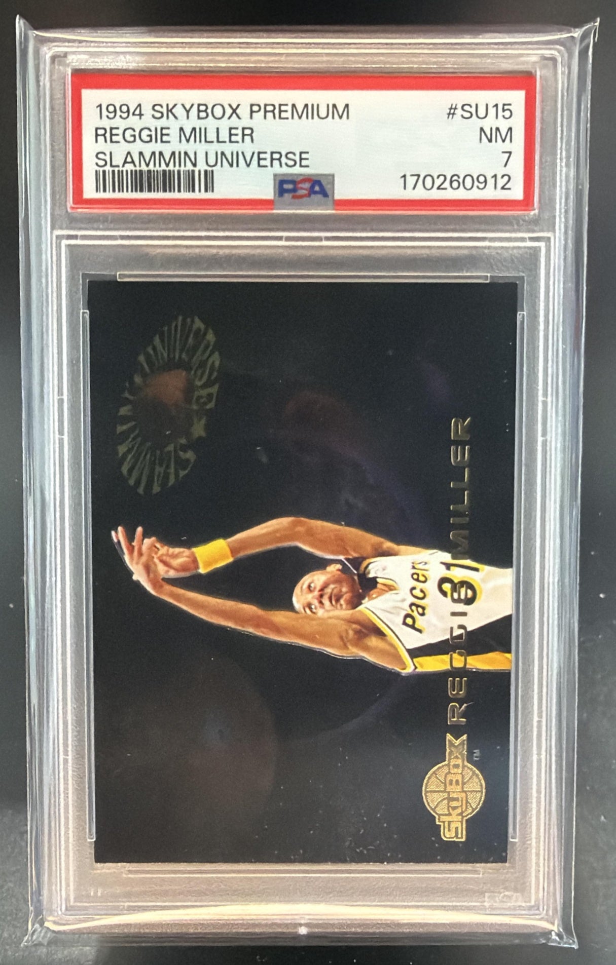 1994-95 Skybox Premium Reggie Miller #SU15 Slammin' Universe Pacers PSA 7 — front