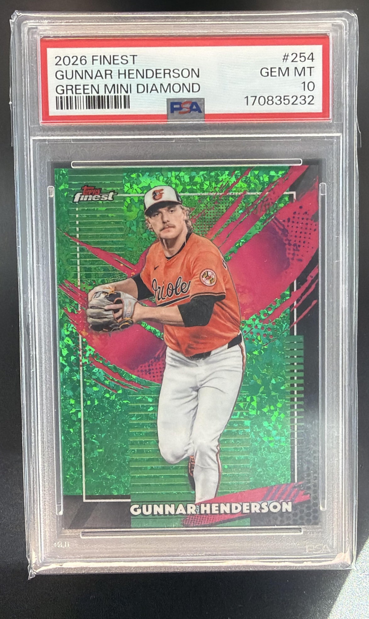 2026 Topps Finest Gunnar Henderson Rare Green Mini-Diamond Refractor /99 PSA 10 — front