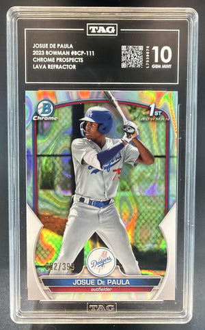 2023 Bowman Josue De Paula Chrome Lava Refractor /399 1st Prospect TAG 10