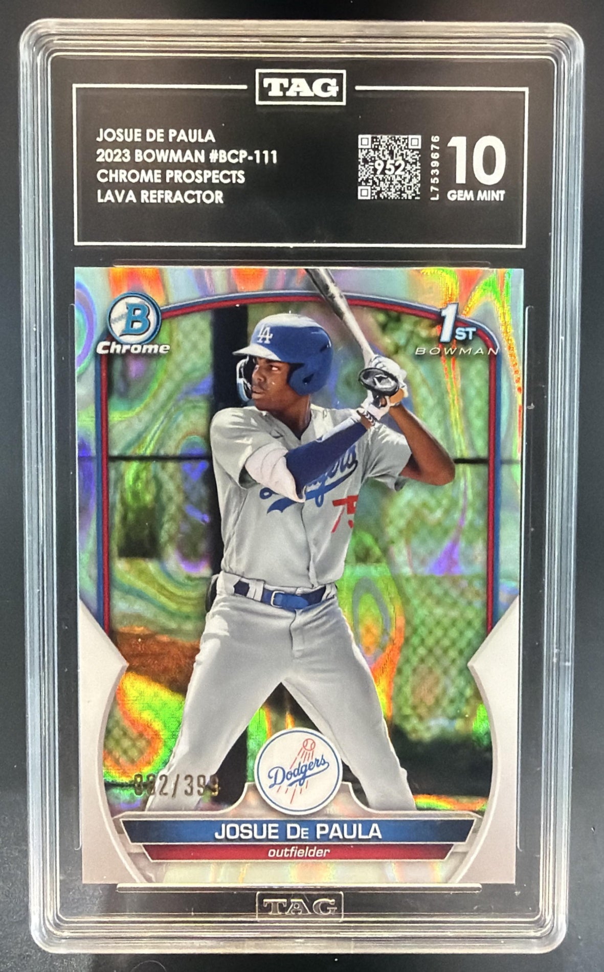 2023 Bowman Josue De Paula Chrome Lava Refractor /399 1st Prospect TAG 10 — front
