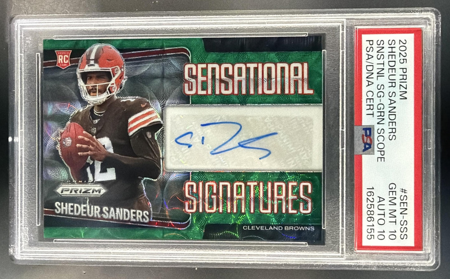 2025 Prizm Shedeur Sanders Sensational Signatures Green Scope /75 RC Auto PSA 10 — front