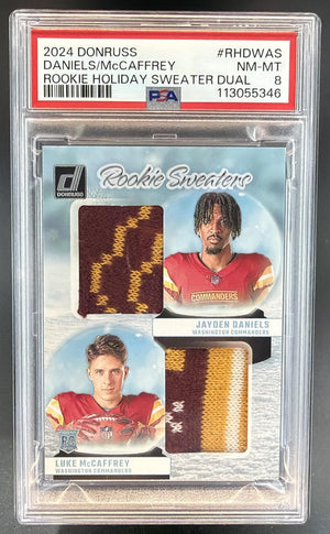 2024 Donruss Jayden Daniels Luke McCaffrey Rookie Sweater Dual MEM RC PSA 8