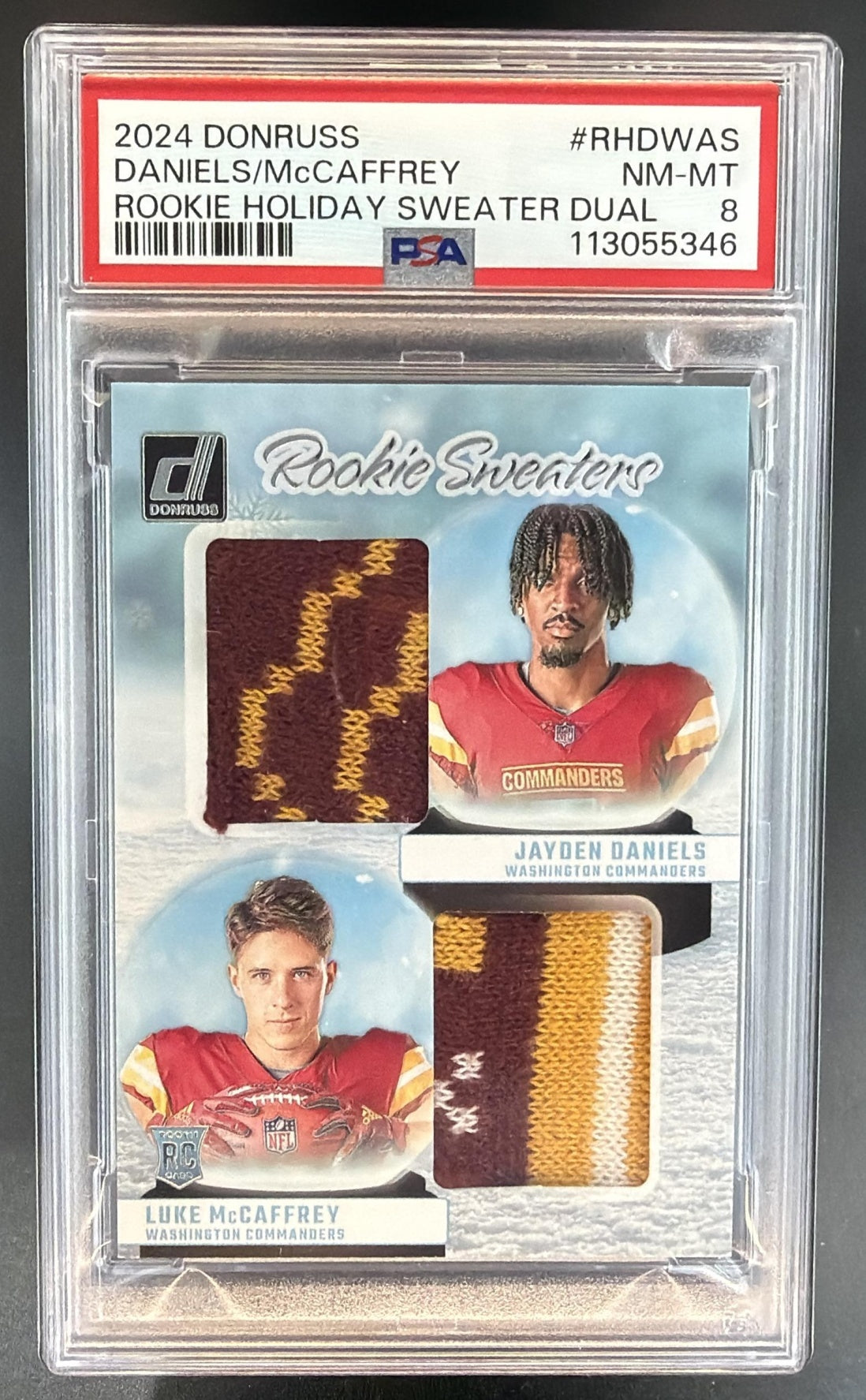 2024 Donruss Jayden Daniels Luke McCaffrey Rookie Sweater Dual MEM RC PSA 8 — front