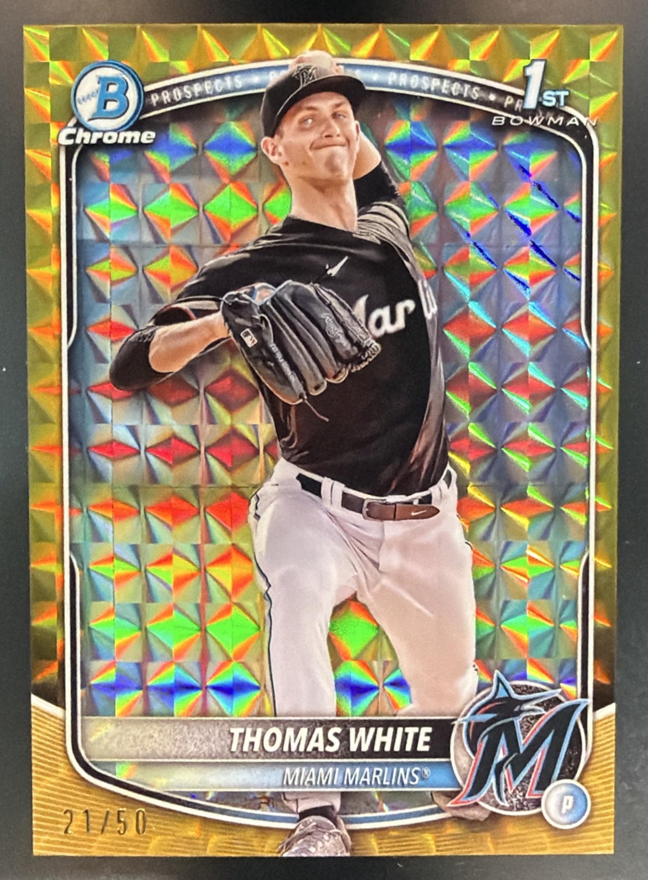 2025 Bowman Thomas White Chrome Gold Geometric Refractor /50 1st Prospect — front