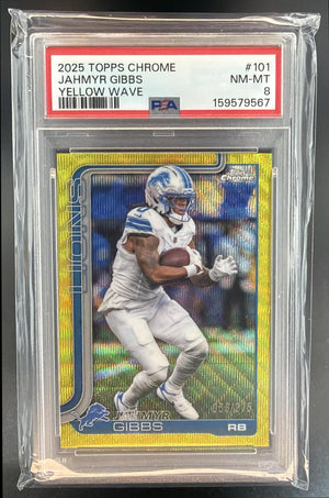 2025 Topps Chrome Jahmyr Gibbs #101 Yellow Wave Refractor /275 Lions PSA 8
