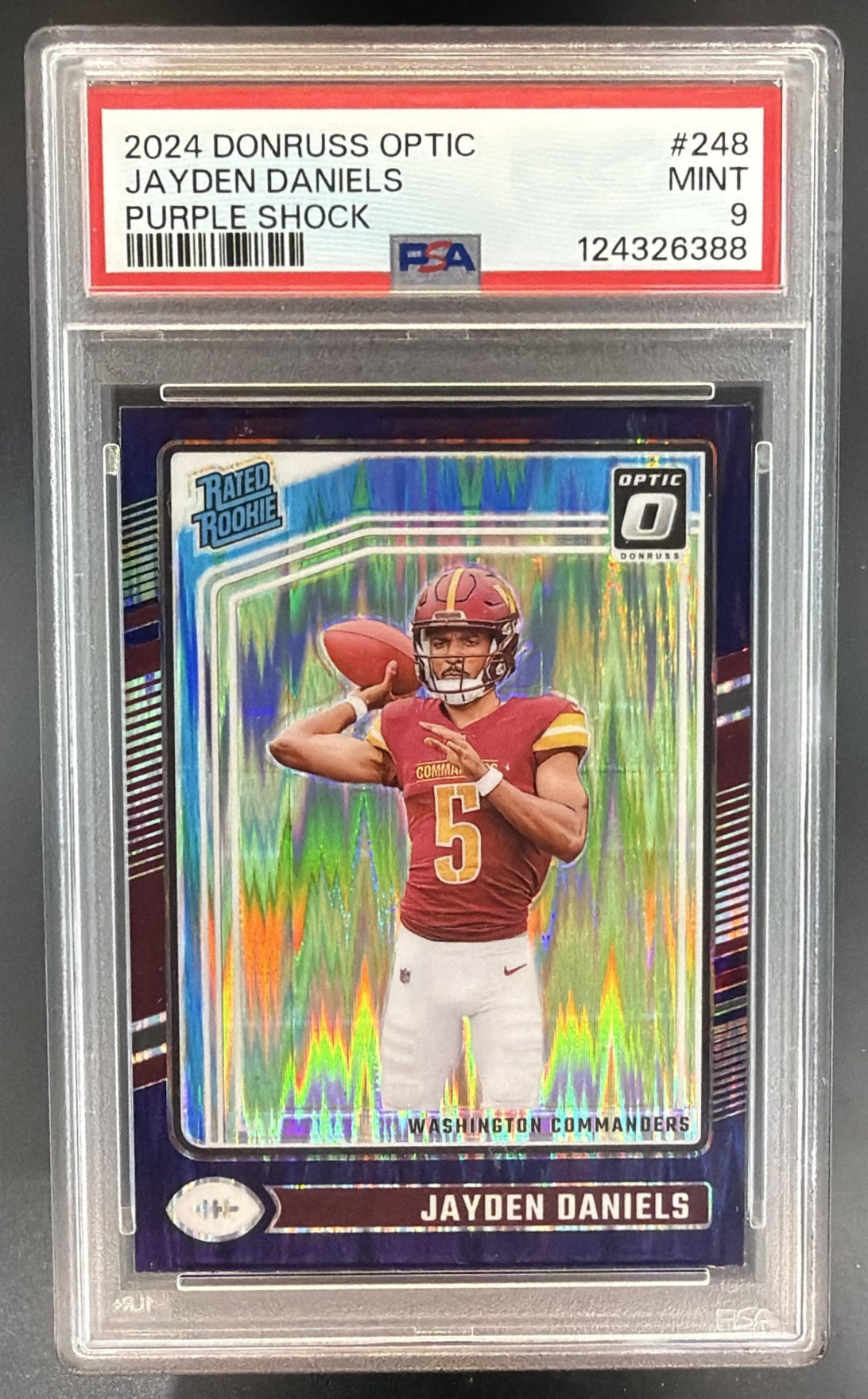 2024 Panini Donruss Optic Jayden Daniels #248 Purple Shock Rated Rookie PSA 9 — front