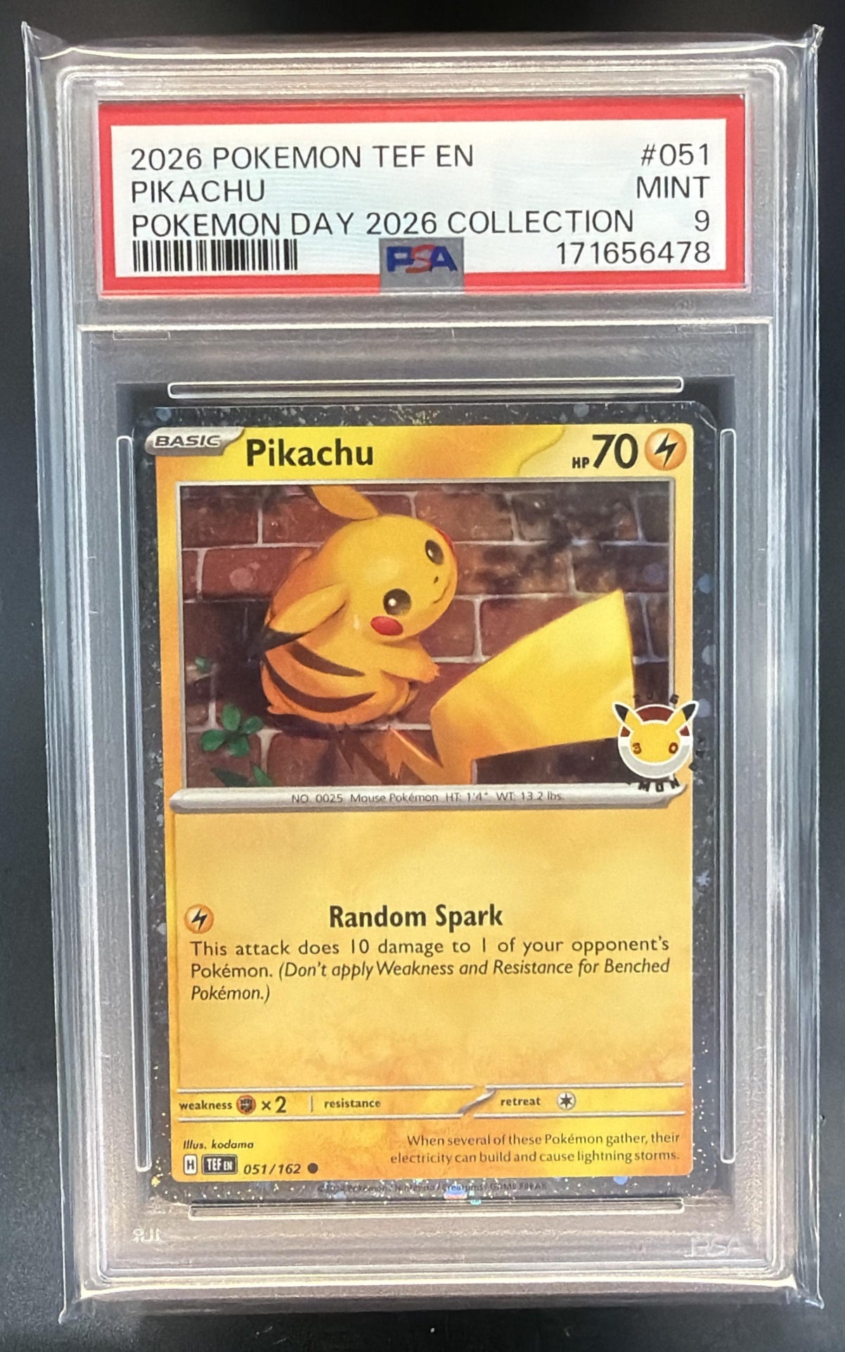 2026 Pokemon Day Pikachu #051/162 Cosmos Holo PSA 9 — front