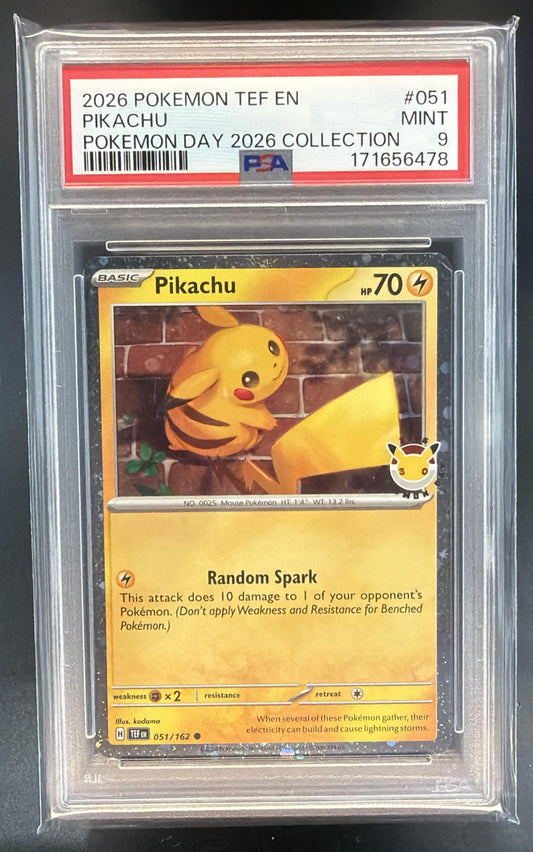 2026 Pokemon Day Pikachu #051/162 Cosmos Holo PSA 9 — front