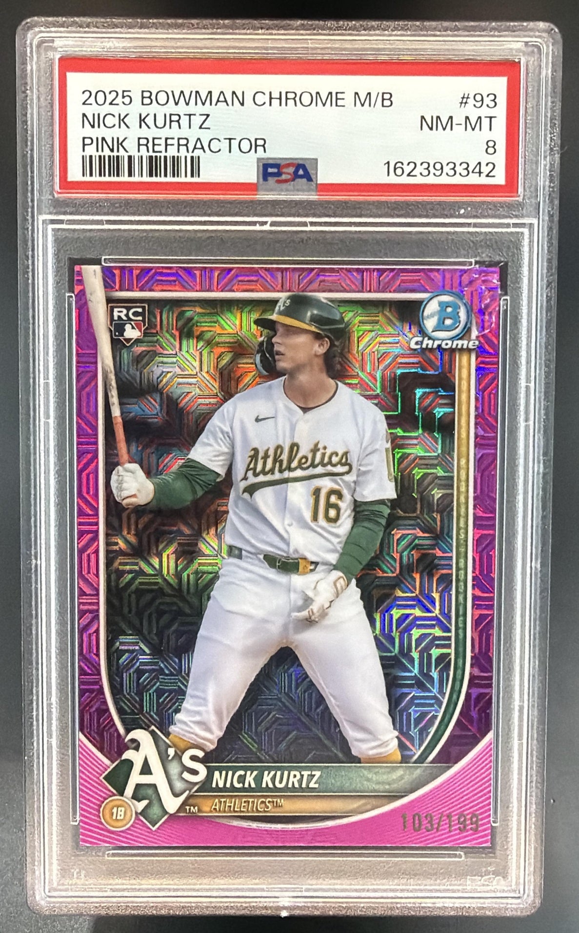 2025 Bowman Chrome Mega Box Nick Kurtz #93 Pink Mojo Refractor /199 RC PSA 8 — front