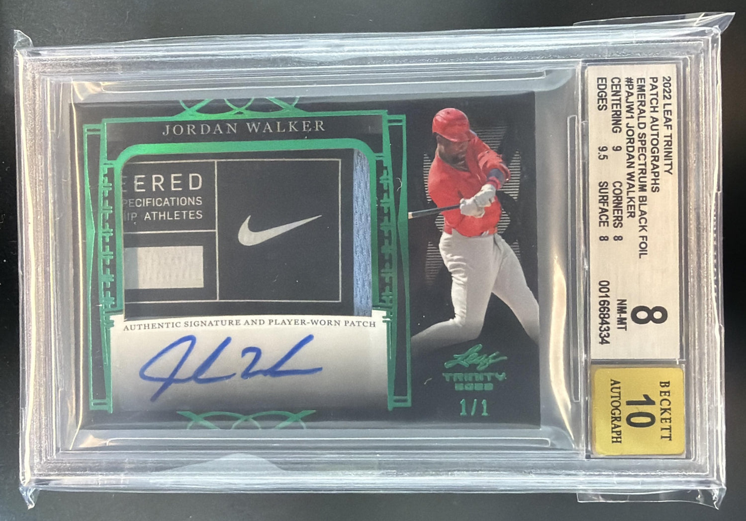 2022 Leaf Trinity Jordan Walker Patch Auto Black Foil Emerald Spectrum 1/1 BGS 8 — front