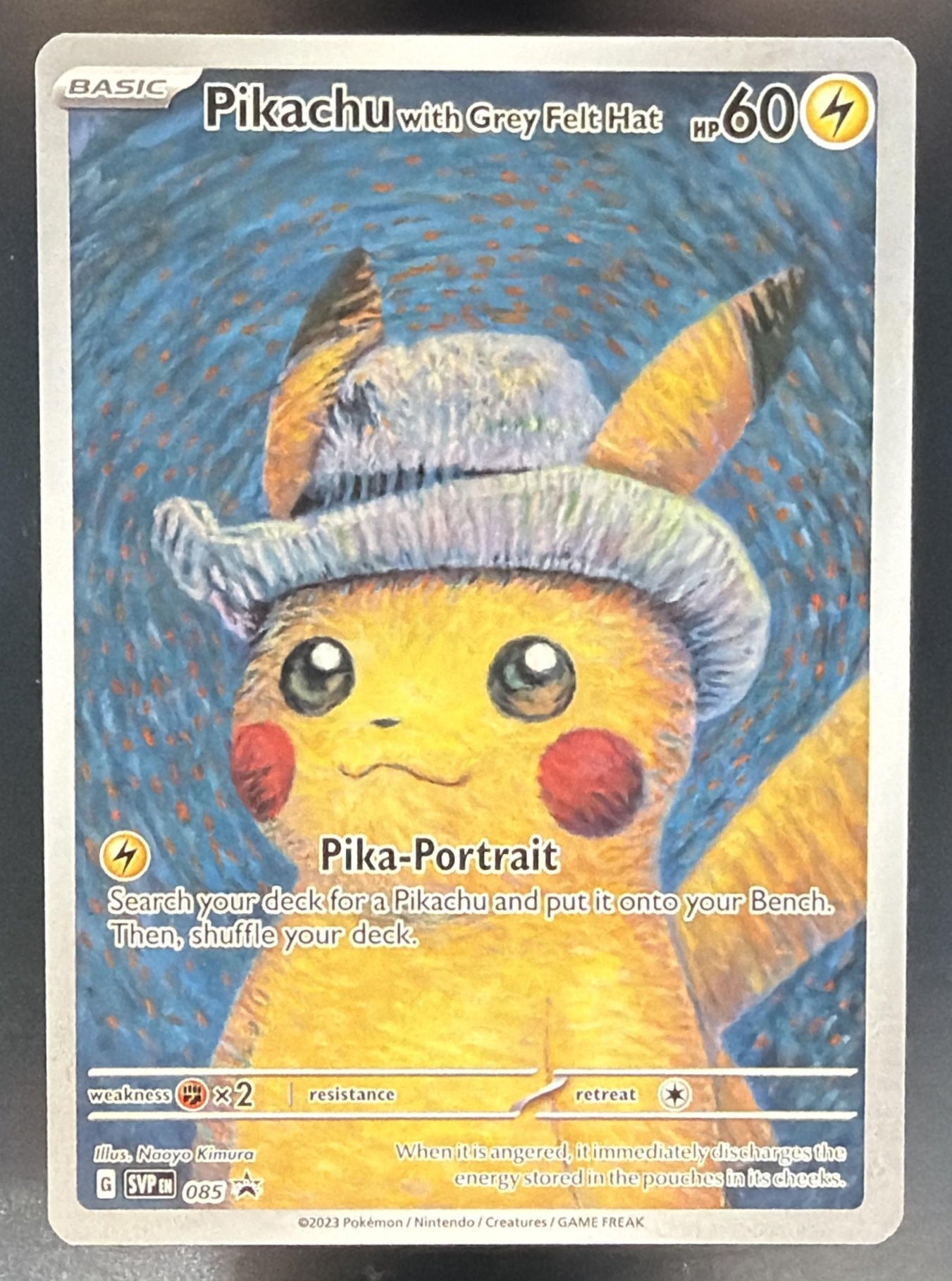 Pokemon SV Black Star Promos Pikachu #085 Van Gogh Grey Felt Hat 2023 — front