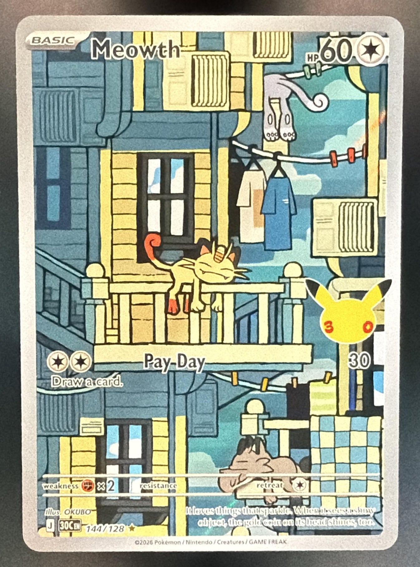 2026 Pokemon 30th Celebration Meowth #144/128 Illustration Rare — front