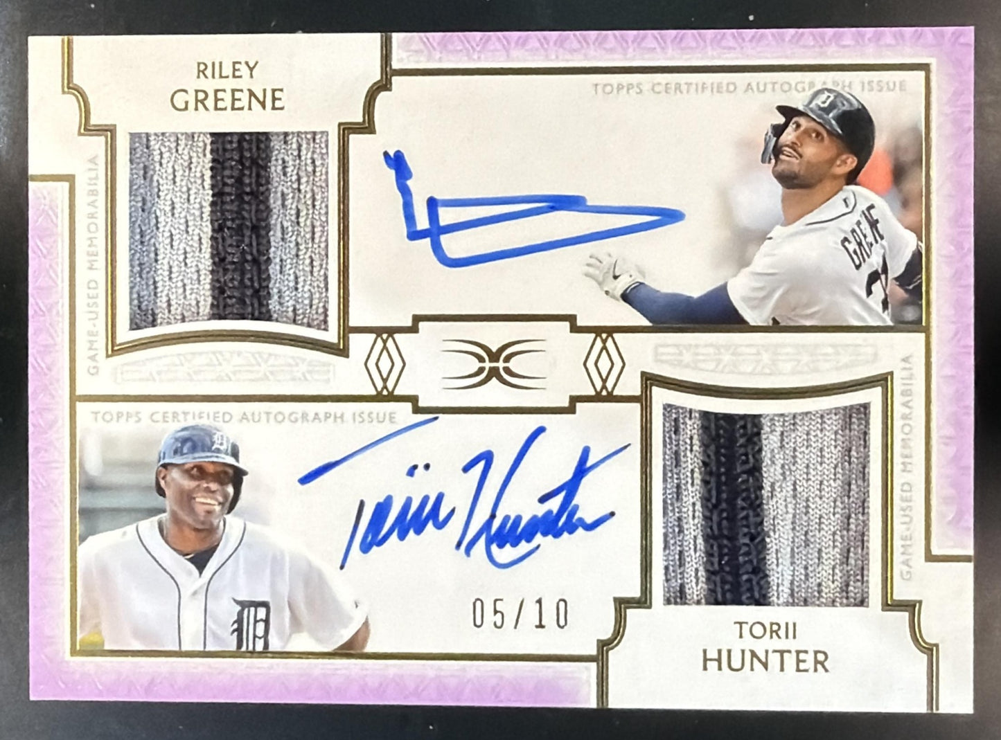 2024 Topps Definitive Riley Greene Torii Hunter Dual Auto Relics Purple /10 — front