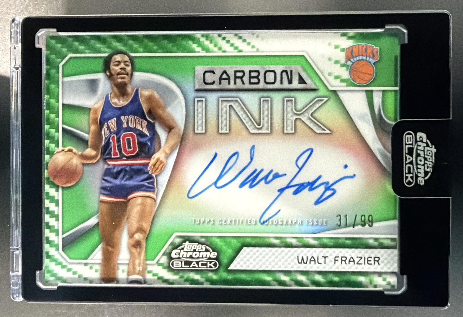 2025 Topps Chrome Black Walt Frazier #CI-WF Carbon Ink Green Refractor /99 Auto — front