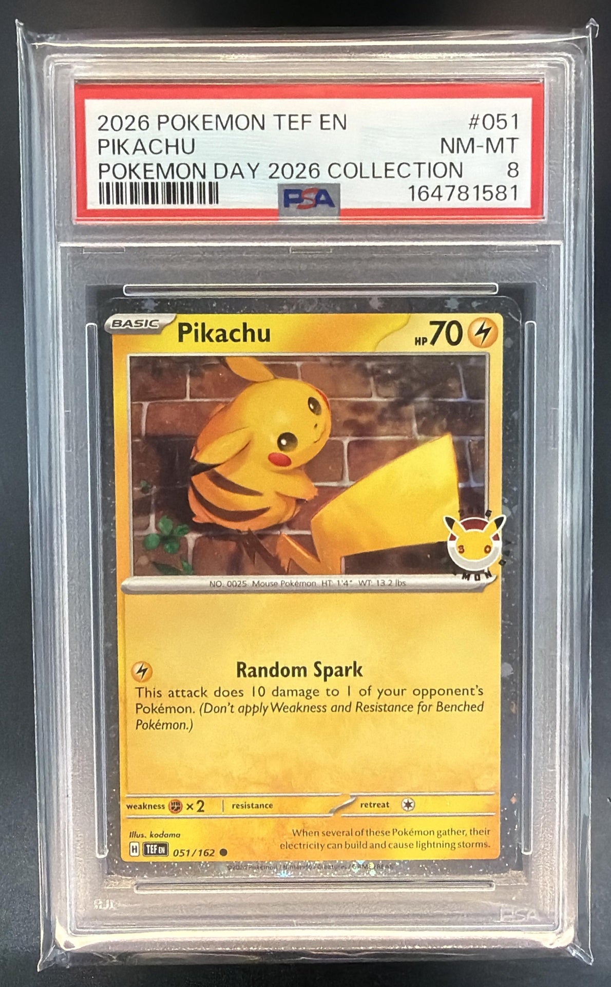 2026 Pokemon Day Pikachu #051/162 Cosmos Holo PSA 8 — front