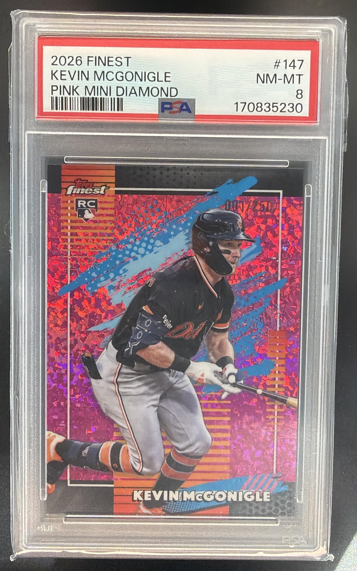 2026 Topps Finest Kevin McGonigle Pink Mini-Diamond Refractor /250 RC PSA 8 — front