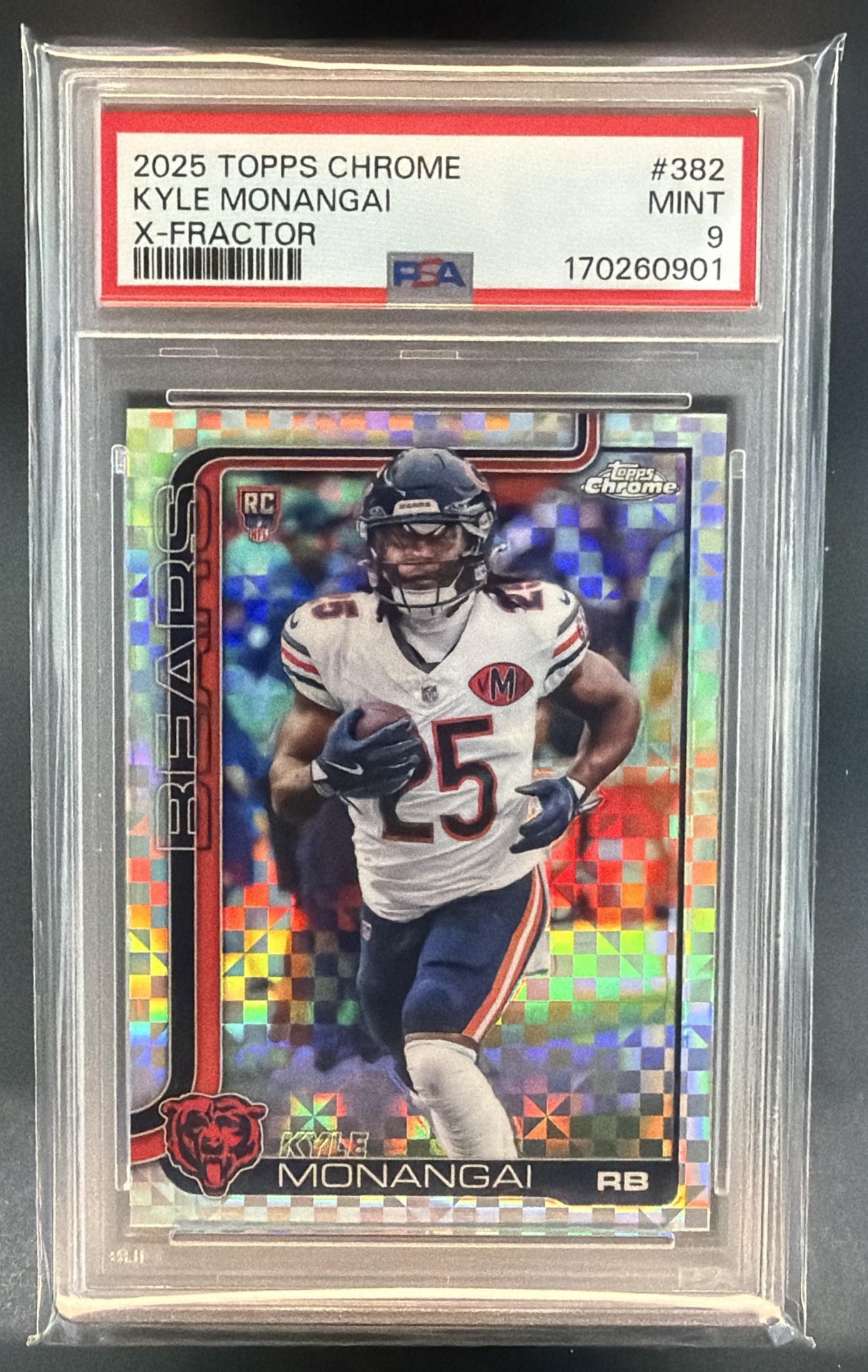 2025 Topps Chrome Kyle Monangai #382 Rookie X-Fractor RC Bears PSA 9 — front