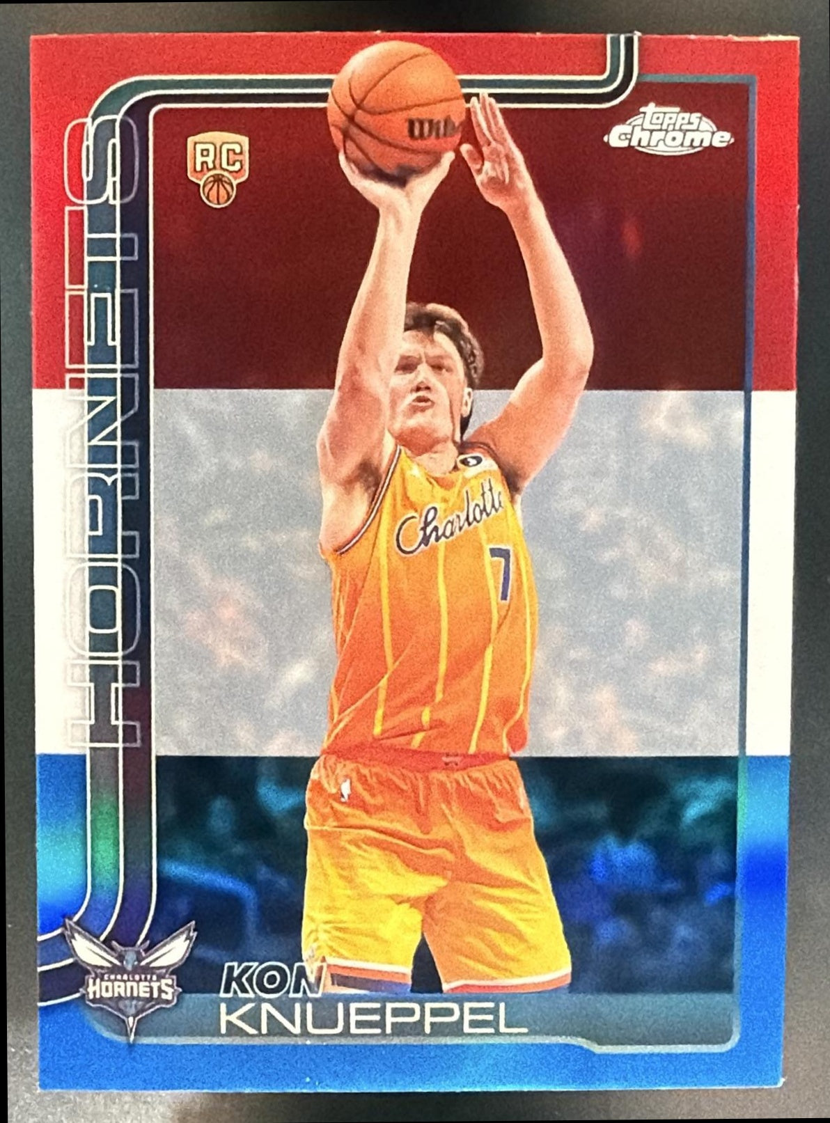 2025 Topps Chrome Update Kon Knueppel #154 Red White and Blue Refractor RC — front