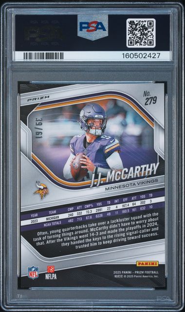 2025 PANINI PRIZM #279 JJ McCARTHY KANGAROO PRIZM /61 PSA 9