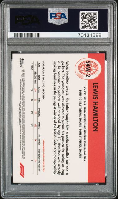 2020 TOPPS CHROME FORMULA 1 1954 WORLD ON WHEELS #2 LEWIS HAMILTON PSA 10