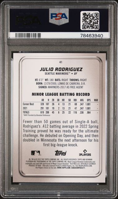 2022 BOWMAN PLATINUM #41 JULIO RODRIGUEZ ROOKIE RC PSA 10