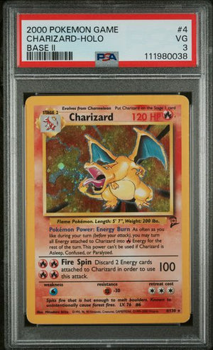 2000 POKEMON GAME BASE II #4 CHARIZARD-HOLO BASE II PSA 3