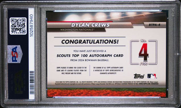 2024 BOWMAN SCOUTS' TOP 100 AUTOGRAPHS #4 DYLAN CREWS GOLD /50 PSA 9