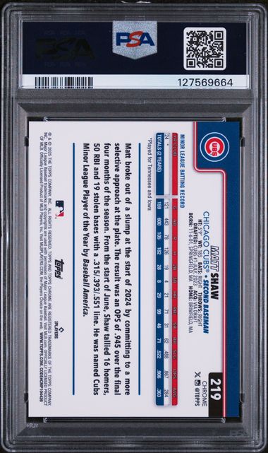 2025 TOPPS CHROME SAPPHIRE #219 MATT SHAW ORANGE PSA 10