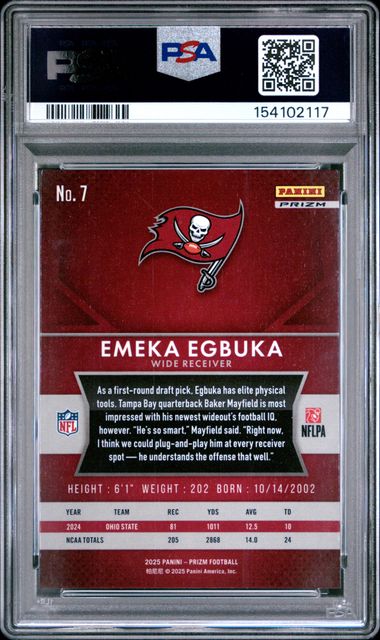 2025 PANINI PRIZM PRIZM FLASHBACK ROOKIE #7 EMEKA EGBUKA SILVER PRIZM PSA 10