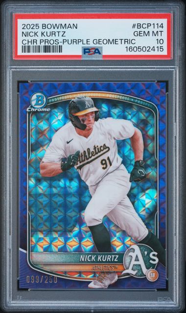 2025 BOWMAN CHROME PROSPECTS NICK KURTZ PURPLE GEOMETRIC PSA 10