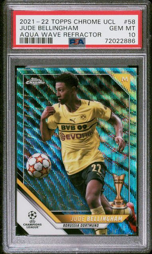 2021 TOPPS CHROME CHAMPIONS LEAGUE JUDE BELLINGHAM AQUA WAVE /199 PSA 10