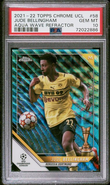 2021 TOPPS CHROME CHAMPIONS LEAGUE JUDE BELLINGHAM AQUA WAVE /199 PSA 10