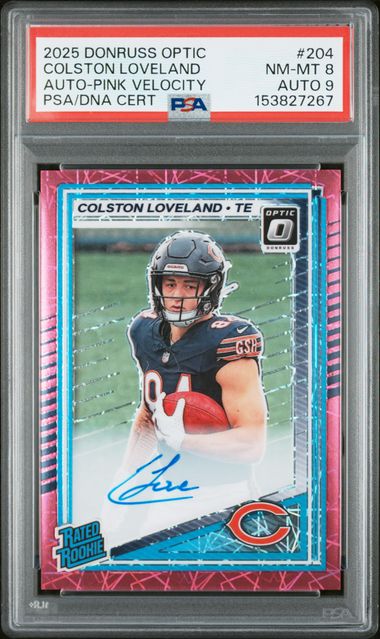 2025 PANINI DONRUSS OPTIC #204 COLSTON LOVELAND AUTO-PINK VELOCITY /75 PSA 8
