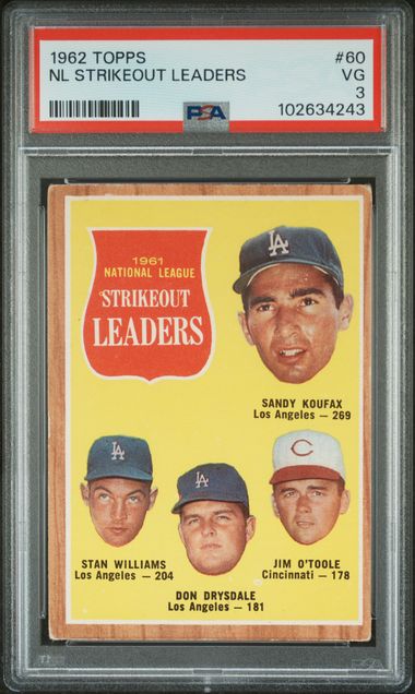 1962 Topps NL strikeout leaders Koufax Drysdale #60 O’toole Stan Williams PSA 3